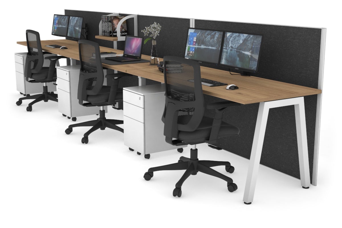 Horizon Quadro 3 Person Run A Leg Office Workstations [1200L x 700W] Jasonl white leg salvage oak moody charcoal (1200H x 3600W)