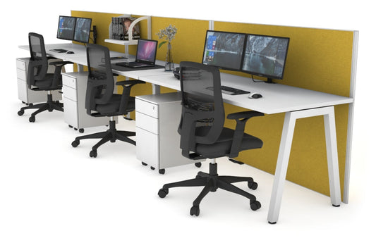 Horizon Quadro 3 Person Run A Leg Office Workstations [1200L x 700W] Jasonl white leg white mustard yellow (1200H x 3600W)