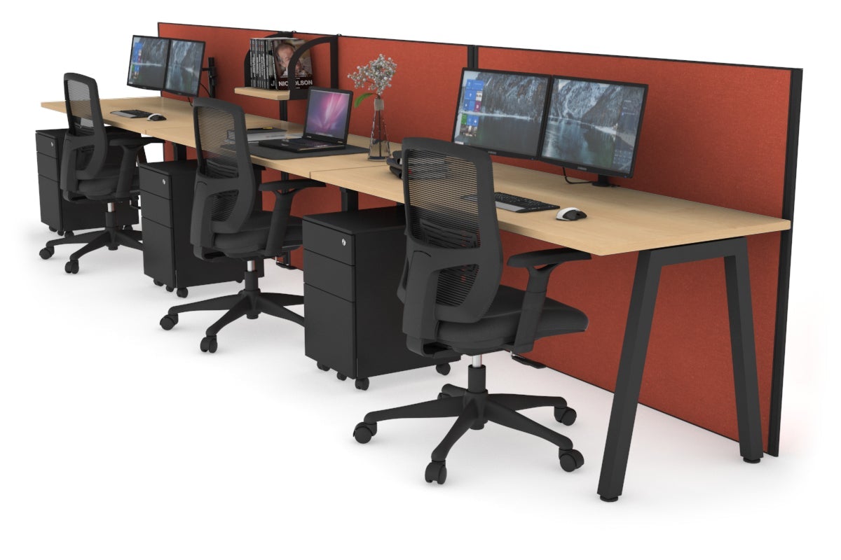Horizon Quadro 3 Person Run A Leg Office Workstations [1200L x 700W] Jasonl black leg maple orange squash (1200H x 3600W)