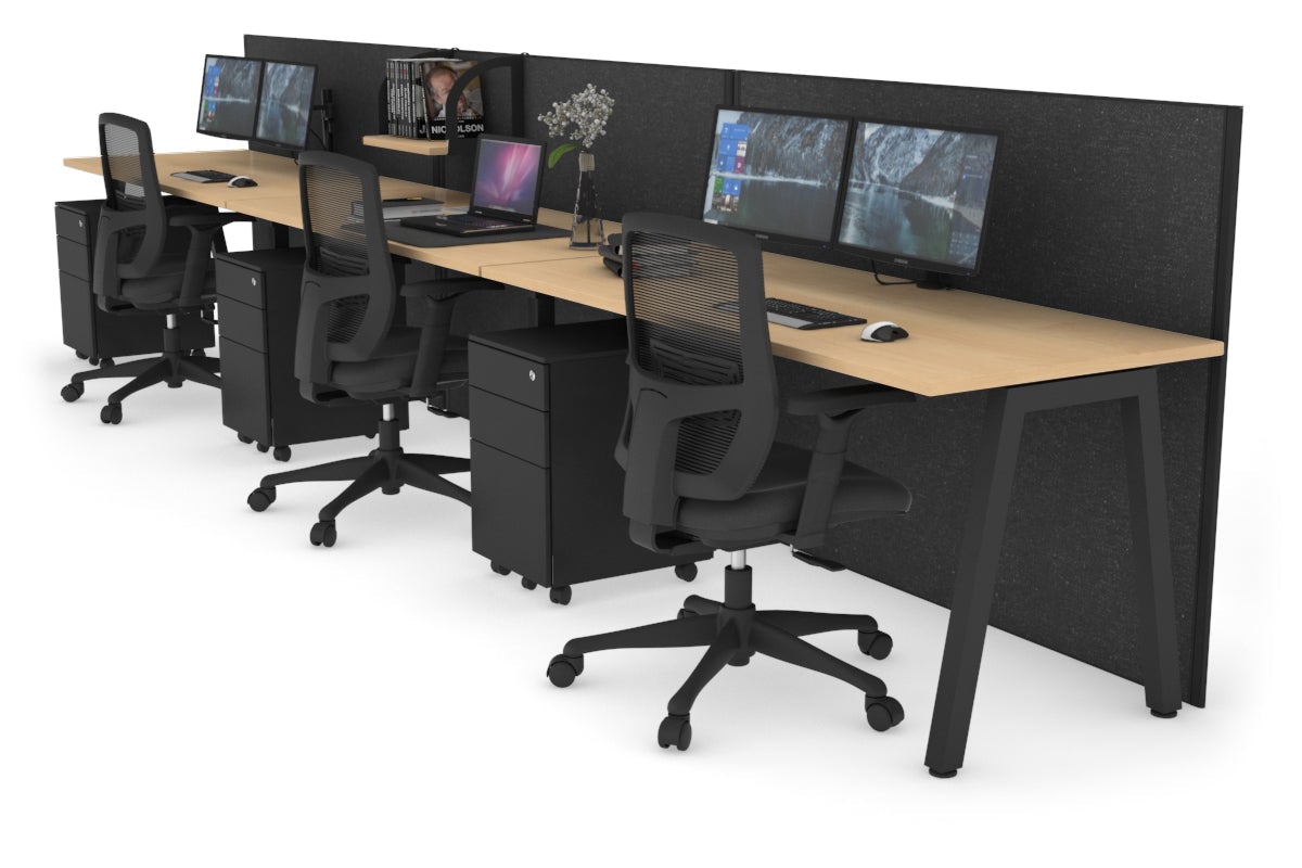 Horizon Quadro 3 Person Run A Leg Office Workstations [1200L x 700W] Jasonl black leg maple moody charcoal (1200H x 3600W)