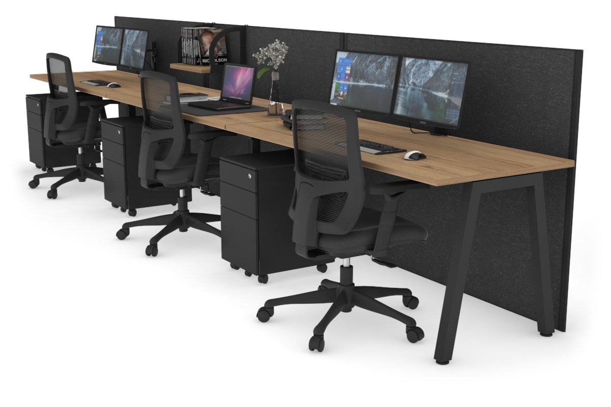 Horizon Quadro 3 Person Run A Leg Office Workstations [1200L x 700W] Jasonl black leg salvage oak moody charcoal (1200H x 3600W)