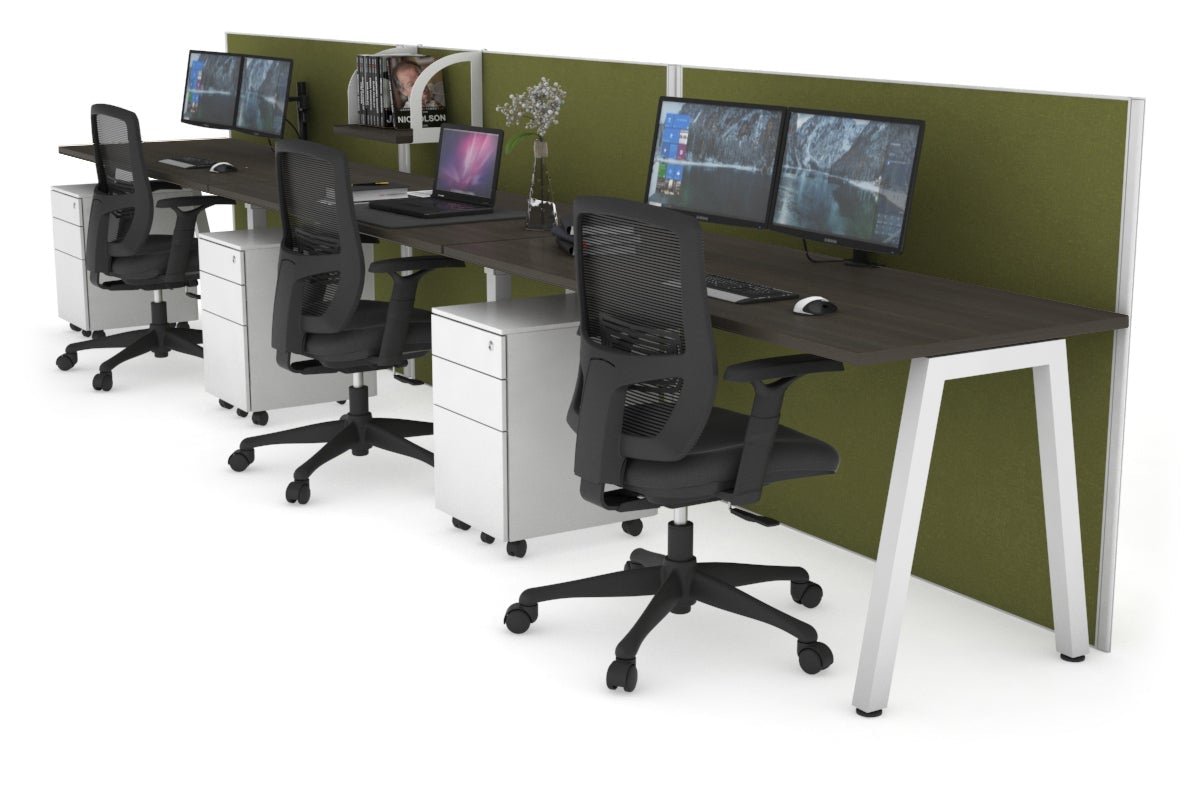 Horizon Quadro 3 Person Run A Leg Office Workstations [1200L x 700W] Jasonl white leg dark oak green moss (1200H x 3600W)