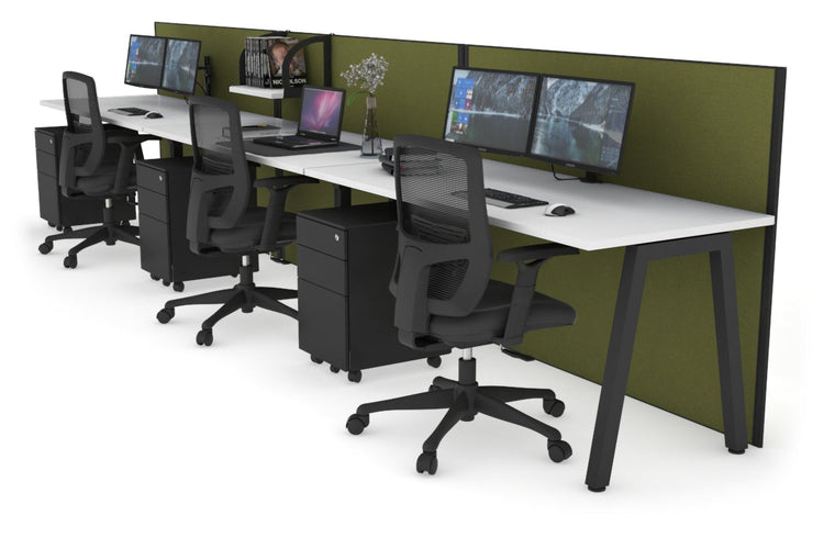 Horizon Quadro 3 Person Run A Leg Office Workstations [1200L x 700W] Jasonl black leg white green moss (1200H x 3600W)