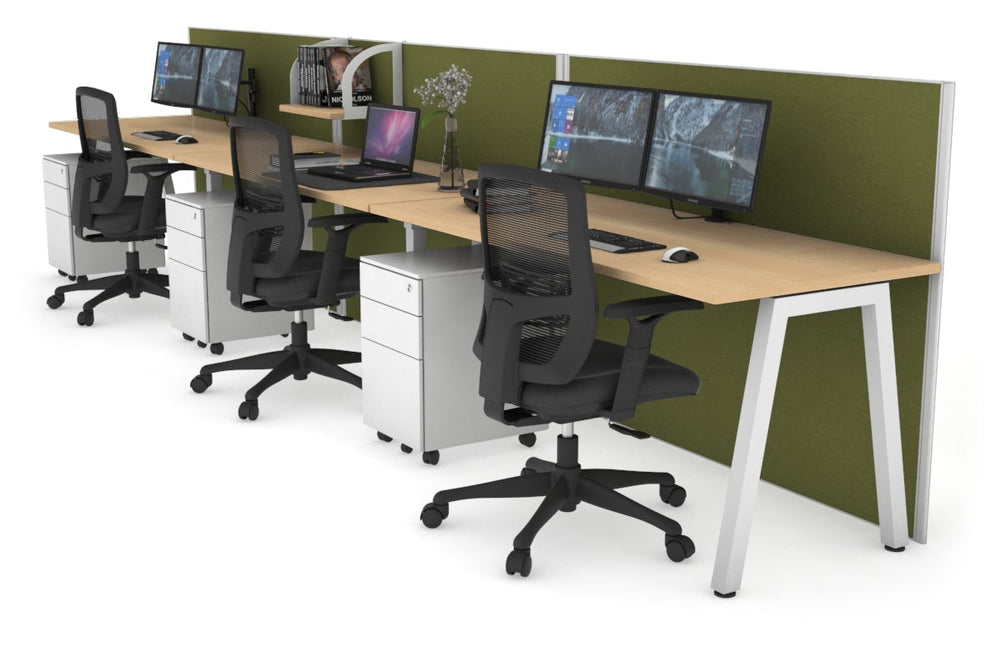 Horizon Quadro 3 Person Run A Legs Office Workstation [1200L x 700W]-white leg maple green moss (1200H x 3600W)