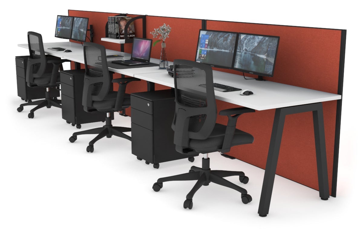 Horizon Quadro 3 Person Run A Leg Office Workstations [1200L x 700W] Jasonl black leg white orange squash (1200H x 3600W)