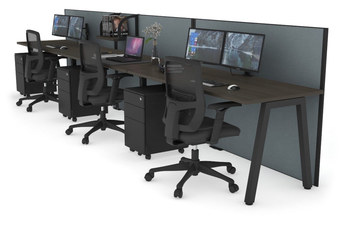 Horizon Quadro 3 Person Run A Leg Office Workstations [1200L x 700W] Jasonl black leg dark oak cool grey (1200H x 3600W)