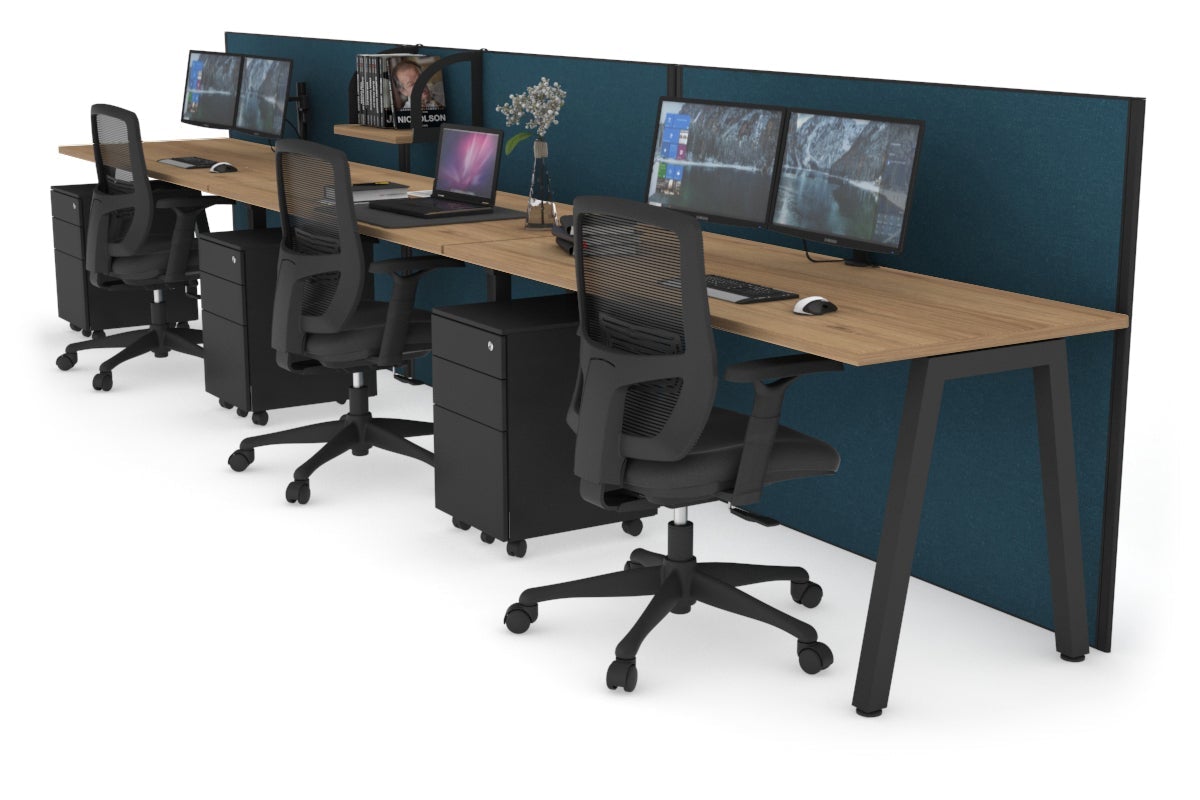 Horizon Quadro 3 Person Run A Leg Office Workstations [1200L x 700W] Jasonl black leg salvage oak deep blue (1200H x 3600W)