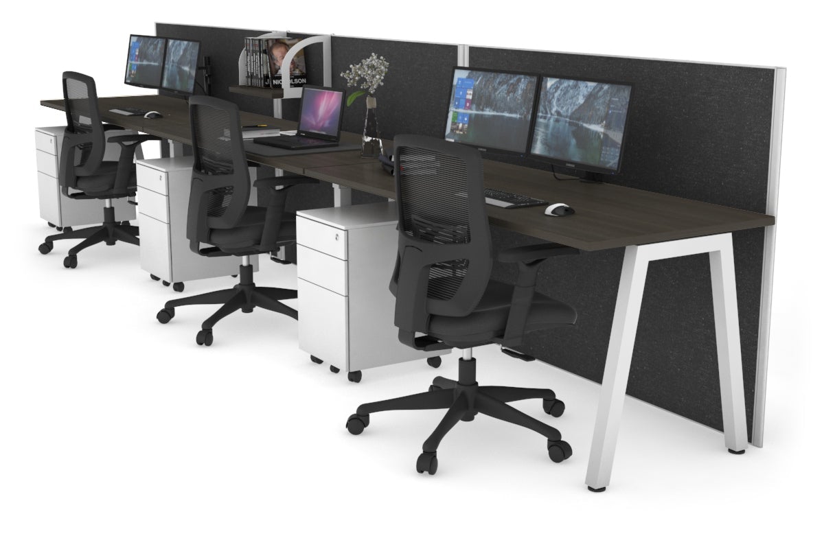 Horizon Quadro 3 Person Run A Leg Office Workstations [1200L x 700W] Jasonl white leg dark oak moody charcoal (1200H x 3600W)