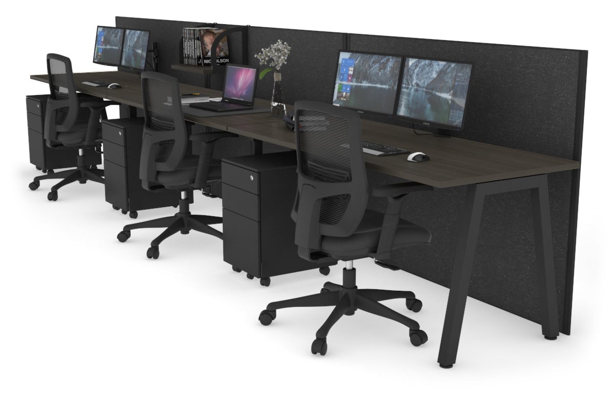 Horizon Quadro 3 Person Run A Leg Office Workstations [1200L x 700W] Jasonl black leg dark oak moody charcoal (1200H x 3600W)