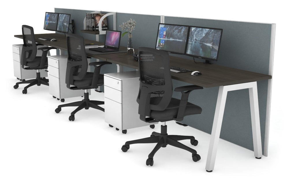 Horizon Quadro 3 Person Run A Legs Office Workstation [1200L x 700W]-white leg dark oak cool grey (1200H x 3600W)