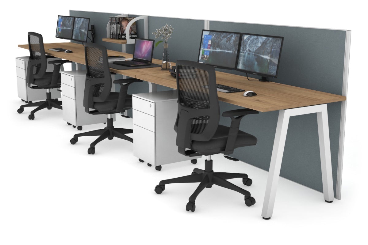 Horizon Quadro 3 Person Run A Leg Office Workstations [1200L x 700W] Jasonl white leg salvage oak cool grey (1200H x 3600W)