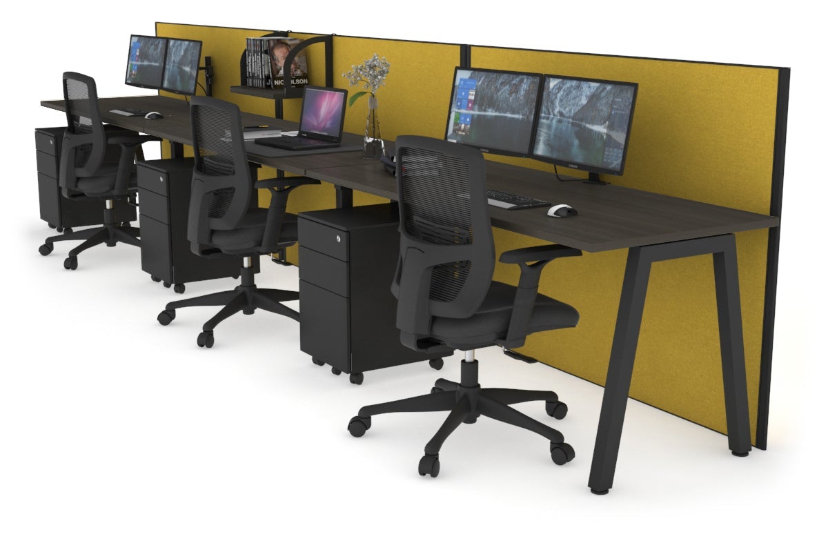 Horizon Quadro 3 Person Run A Leg Office Workstations [1200L x 700W] Jasonl black leg dark oak mustard yellow (1200H x 3600W)