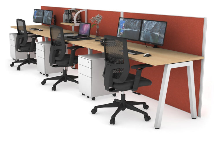 Horizon Quadro 3 Person Run A Leg Office Workstations [1200L x 700W] Jasonl white leg maple orange squash (1200H x 3600W)