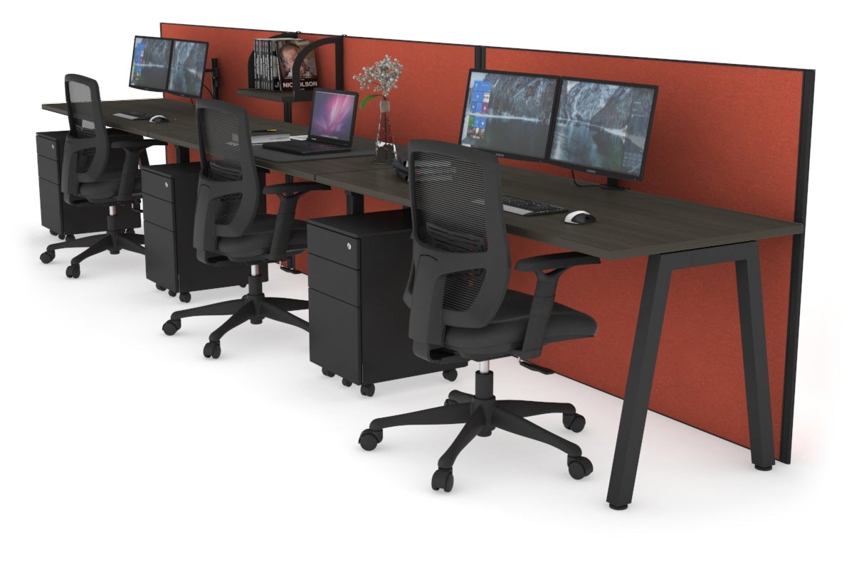 Horizon Quadro 3 Person Run A Leg Office Workstations [1200L x 700W] Jasonl black leg dark oak orange squash (1200H x 3600W)