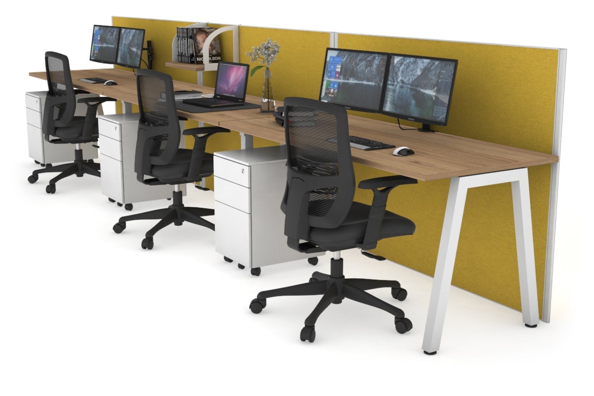 Horizon Quadro 3 Person Run A Leg Office Workstations [1200L x 700W] Jasonl white leg salvage oak mustard yellow (1200H x 3600W)