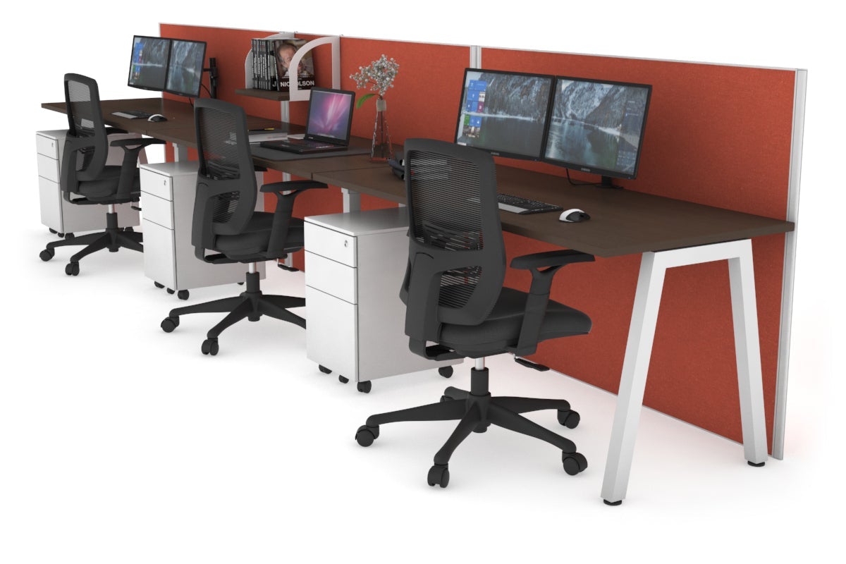 Horizon Quadro 3 Person Run A Leg Office Workstations [1200L x 700W] Jasonl white leg wenge orange squash (1200H x 3600W)