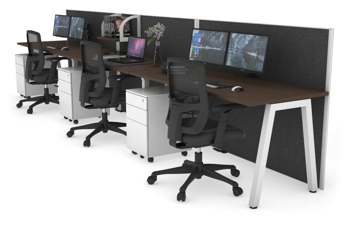 Horizon Quadro 3 Person Run A Leg Office Workstations [1200L x 700W] Jasonl white leg wenge moody charcoal (1200H x 3600W)
