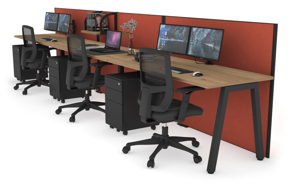 Horizon Quadro 3 Person Run A Leg Office Workstations [1200L x 700W] Jasonl black leg salvage oak orange squash (1200H x 3600W)