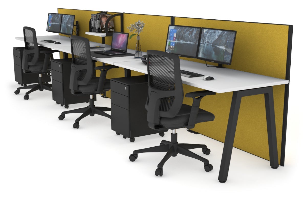 Horizon Quadro 3 Person Run A Leg Office Workstations [1200L x 700W] Jasonl black leg white mustard yellow (1200H x 3600W)