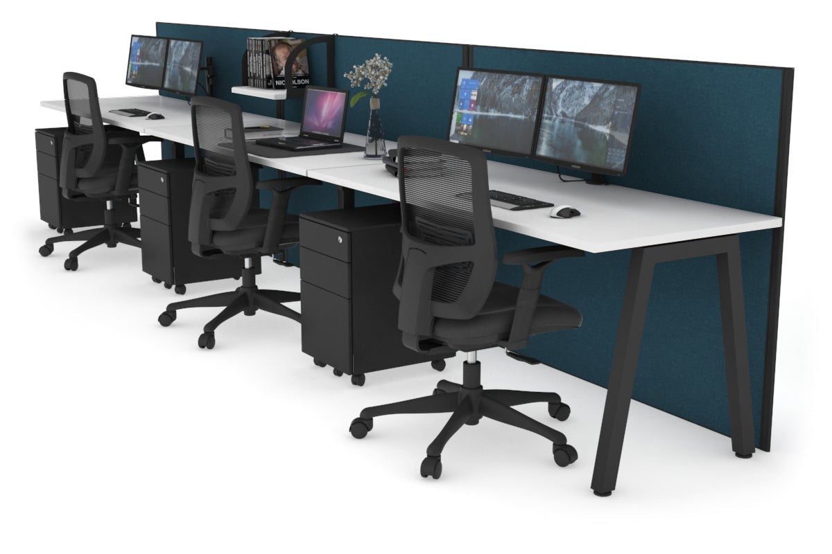 Horizon Quadro 3 Person Run A Leg Office Workstations [1200L x 700W] Jasonl black leg white deep blue (1200H x 3600W)