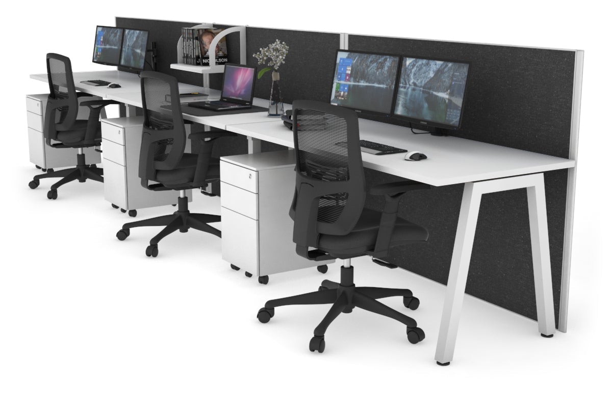 Horizon Quadro 3 Person Run A Leg Office Workstations [1200L x 700W] Jasonl white leg white moody charcoal (1200H x 3600W)