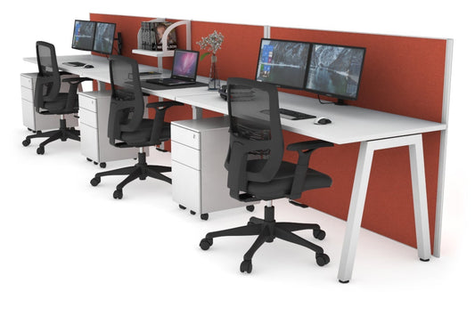 Horizon Quadro 3 Person Run A Leg Office Workstations [1200L x 700W] Jasonl white leg white orange squash (1200H x 3600W)
