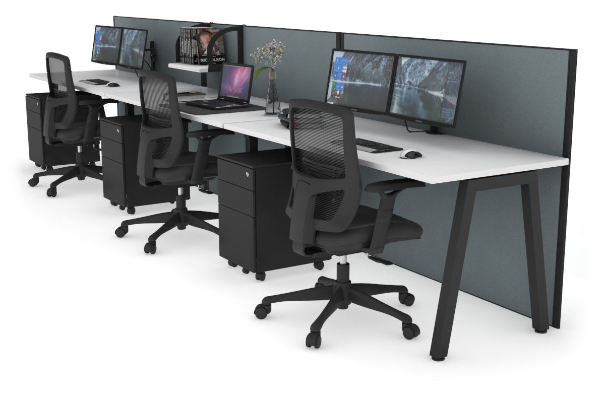 Horizon Quadro 3 Person Run A Leg Office Workstations [1200L x 700W] Jasonl black leg white cool grey (1200H x 3600W)