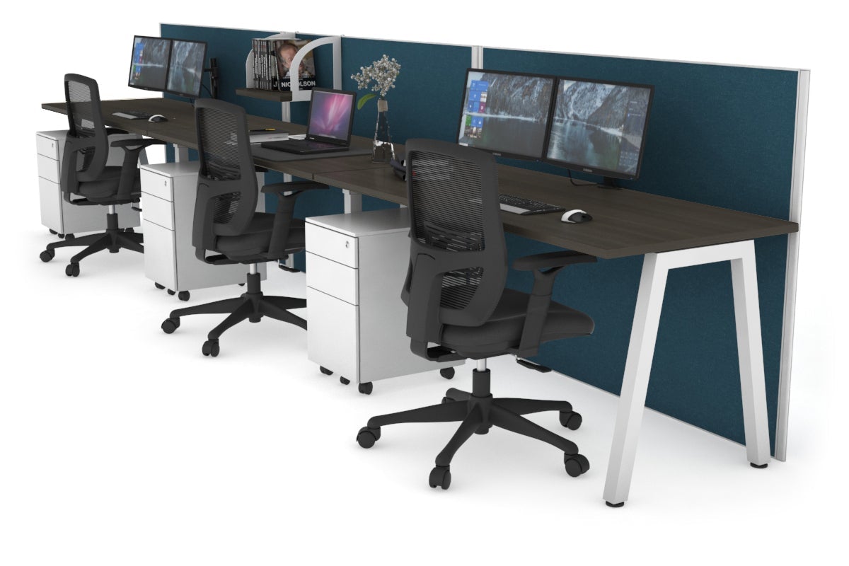 Horizon Quadro 3 Person Run A Leg Office Workstations [1200L x 700W] Jasonl white leg dark oak deep blue (1200H x 3600W)