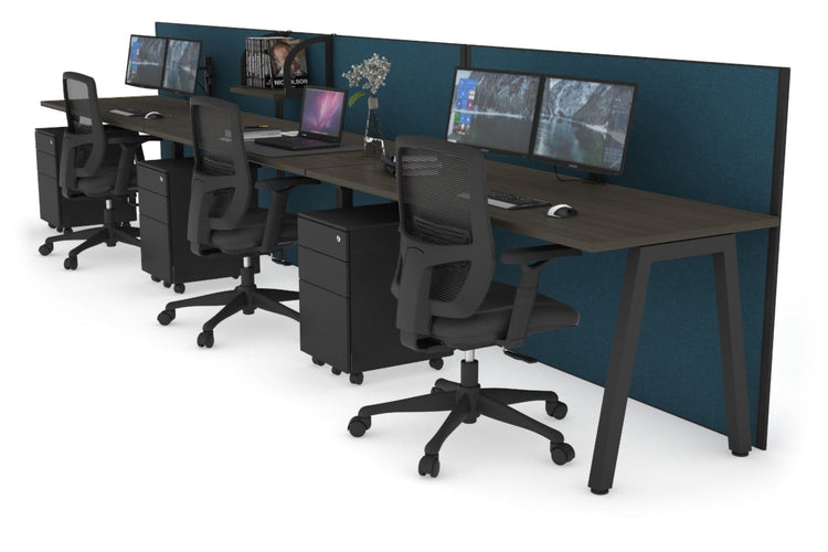 Horizon Quadro 3 Person Run A Leg Office Workstations [1200L x 700W] Jasonl black leg dark oak deep blue (1200H x 3600W)