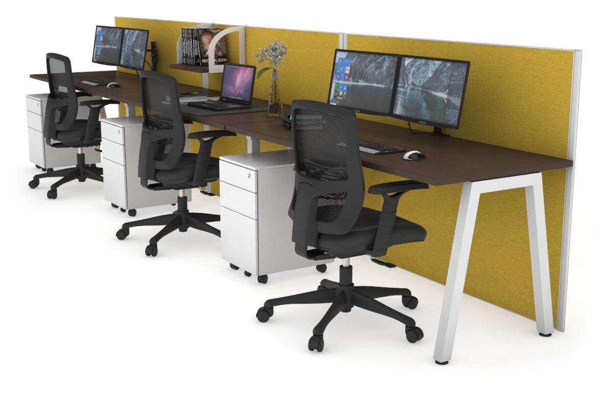 Horizon Quadro 3 Person Run A Leg Office Workstations [1200L x 700W] Jasonl white leg wenge mustard yellow (1200H x 3600W)