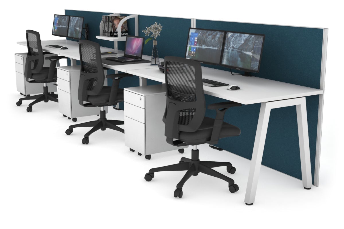 Horizon Quadro 3 Person Run A Leg Office Workstations [1200L x 700W] Jasonl white leg white deep blue (1200H x 3600W)