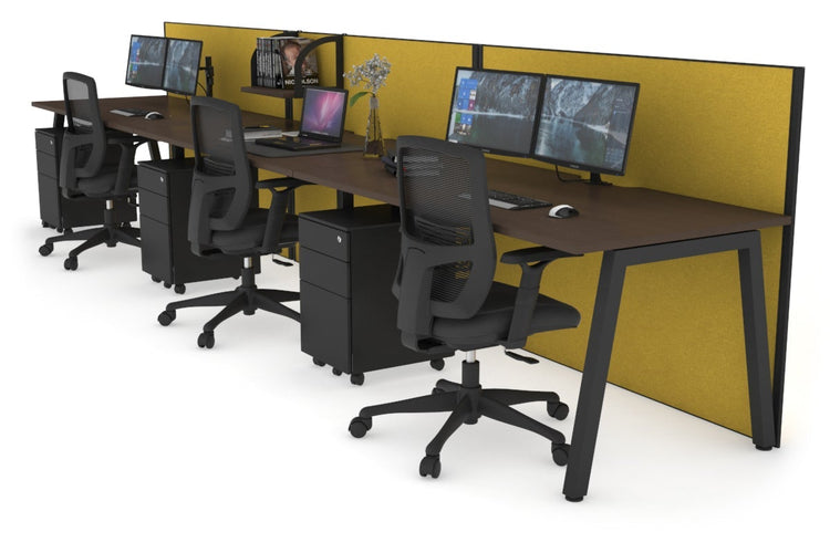 Horizon Quadro 3 Person Run A Leg Office Workstations [1200L x 800W with Cable Scallop] Jasonl black leg wenge mustard yellow (1200H x 3600W)