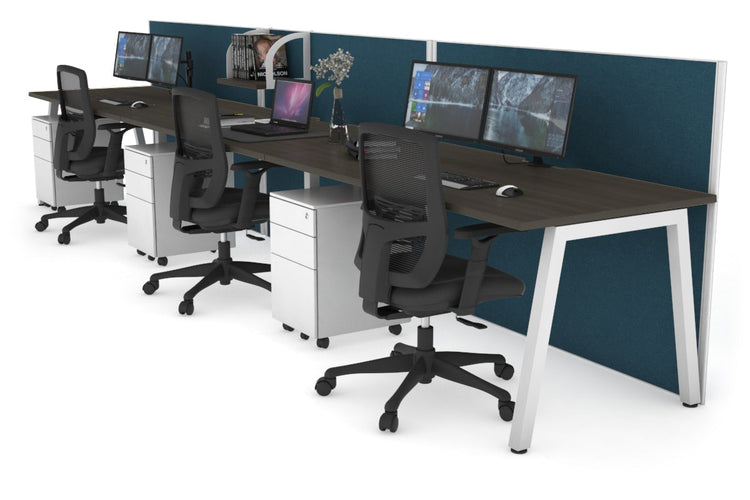 Horizon Quadro 3 Person Run A Leg Office Workstations [1200L x 800W with Cable Scallop] Jasonl white leg dark oak deep blue (1200H x 3600W)
