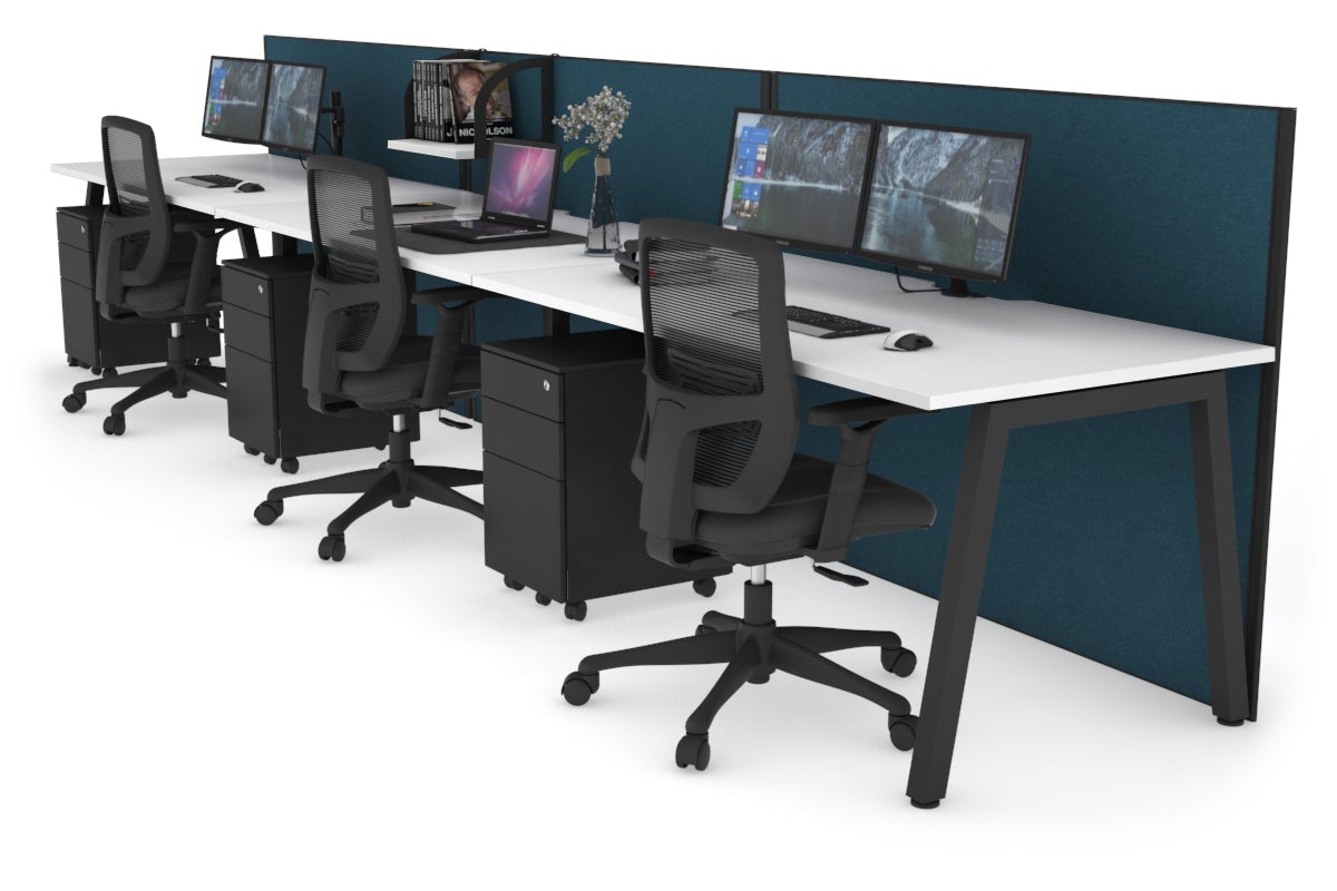Horizon Quadro 3 Person Run A Leg Office Workstations [1200L x 800W with Cable Scallop] Jasonl black leg white deep blue (1200H x 3600W)