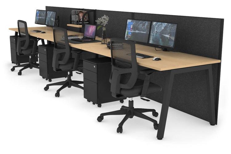 Horizon Quadro 3 Person Run A Leg Office Workstations [1200L x 800W with Cable Scallop] Jasonl black leg maple moody charcoal (1200H x 3600W)