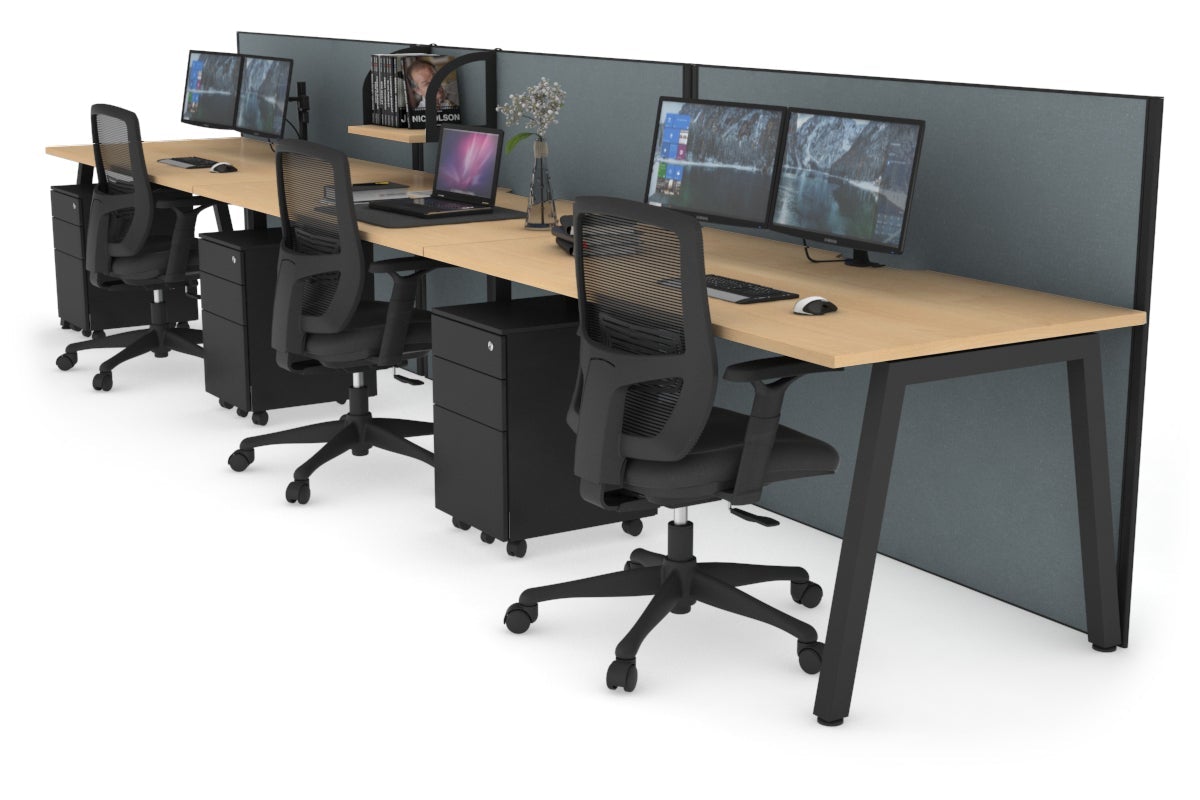 Horizon Quadro 3 Person Run A Leg Office Workstations [1200L x 800W with Cable Scallop] Jasonl black leg maple cool grey (1200H x 3600W)