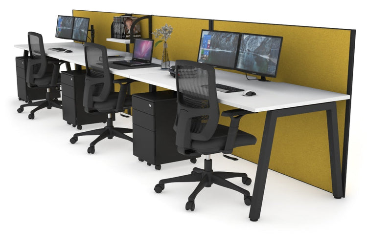 Horizon Quadro 3 Person Run A Leg Office Workstations [1200L x 800W with Cable Scallop] Jasonl black leg white mustard yellow (1200H x 3600W)
