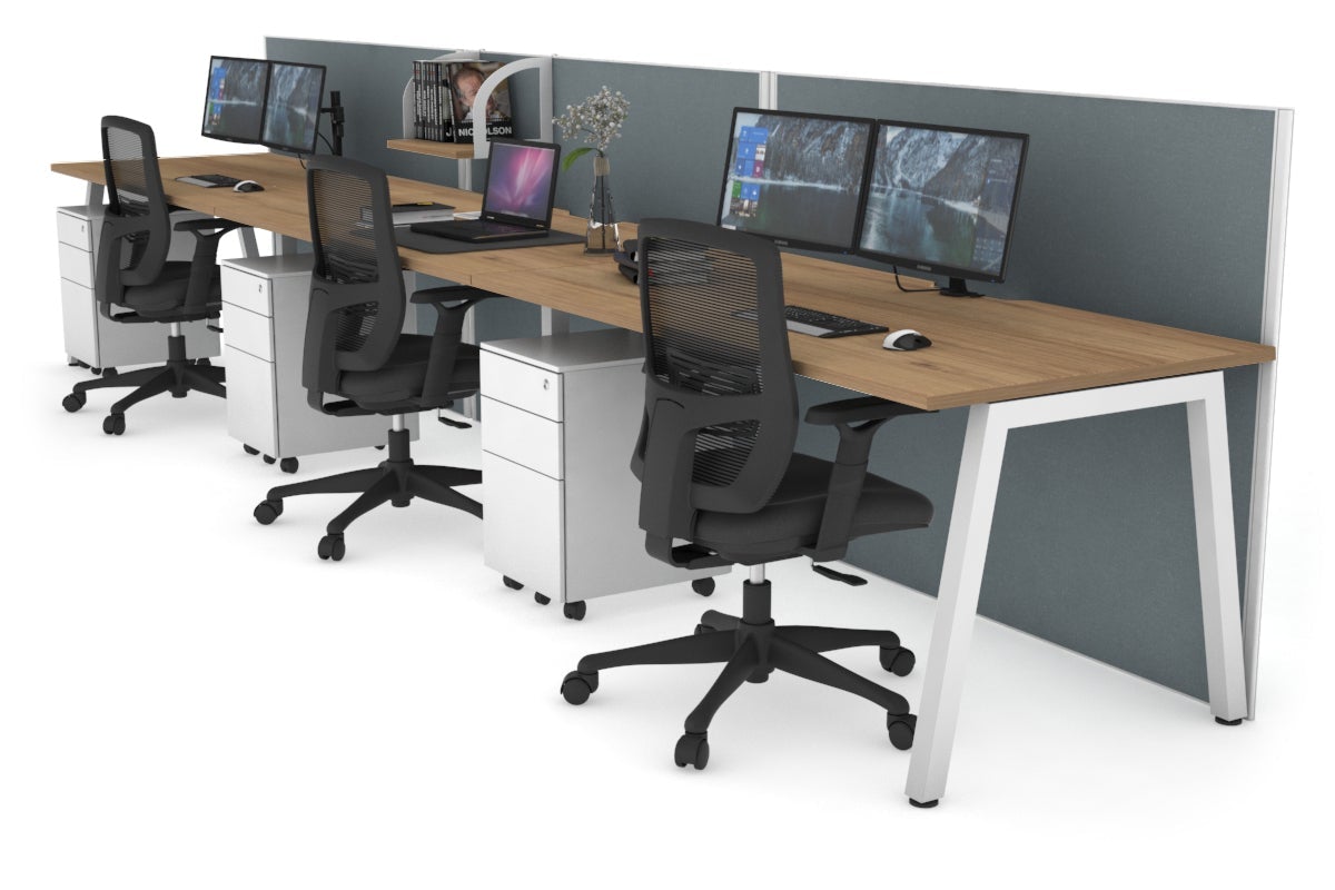 Horizon Quadro 3 Person Run A Leg Office Workstations [1200L x 800W with Cable Scallop] Jasonl white leg salvage oak cool grey (1200H x 3600W)