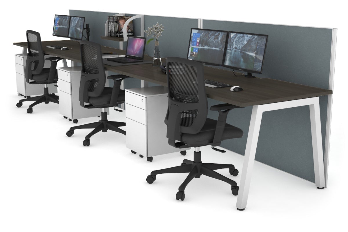Horizon Quadro 3 Person Run A Leg Office Workstations [1200L x 800W with Cable Scallop] Jasonl white leg dark oak cool grey (1200H x 3600W)