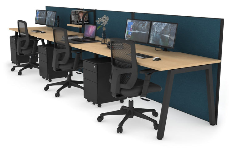 Horizon Quadro 3 Person Run A Leg Office Workstations [1200L x 800W with Cable Scallop] Jasonl black leg maple deep blue (1200H x 3600W)