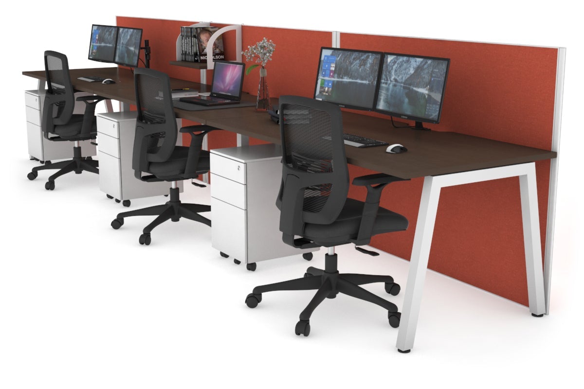 Horizon Quadro 3 Person Run A Leg Office Workstations [1200L x 800W with Cable Scallop] Jasonl white leg wenge orange squash (1200H x 3600W)