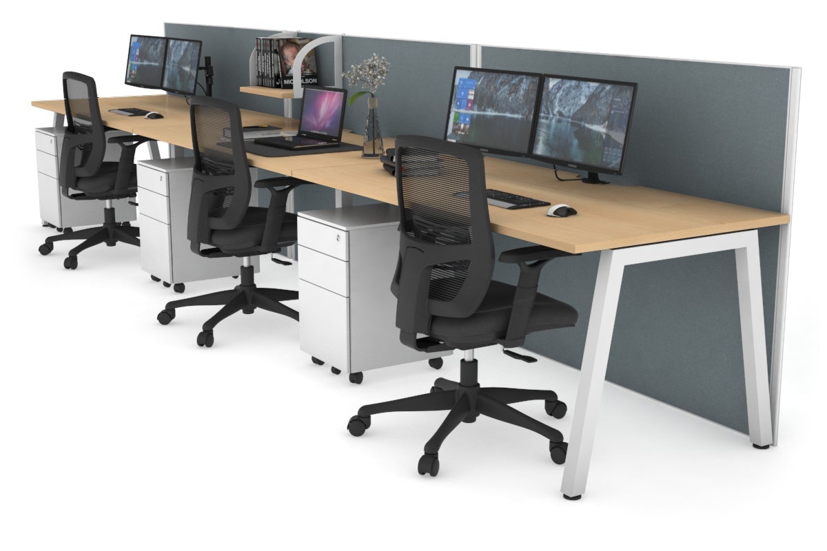 Horizon Quadro 3 Person Run A Leg Office Workstations [1200L x 800W with Cable Scallop] Jasonl white leg maple cool grey (1200H x 3600W)