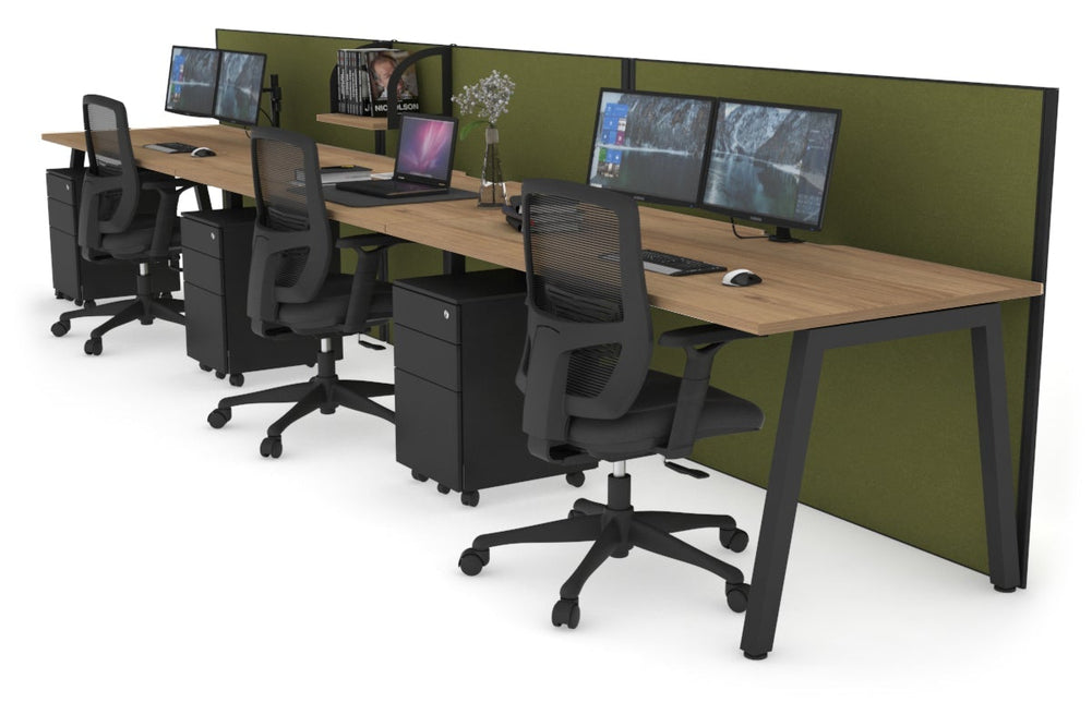 Horizon Quadro 3 Person Run A Legs Office Workstation [1200L x 800W with Cable Scallop]-black leg salvage oak green moss (1200H x 3600W)