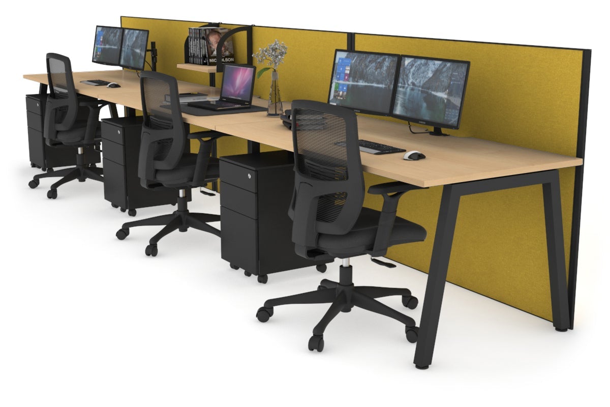 Horizon Quadro 3 Person Run A Leg Office Workstations [1200L x 800W with Cable Scallop] Jasonl black leg maple mustard yellow (1200H x 3600W)