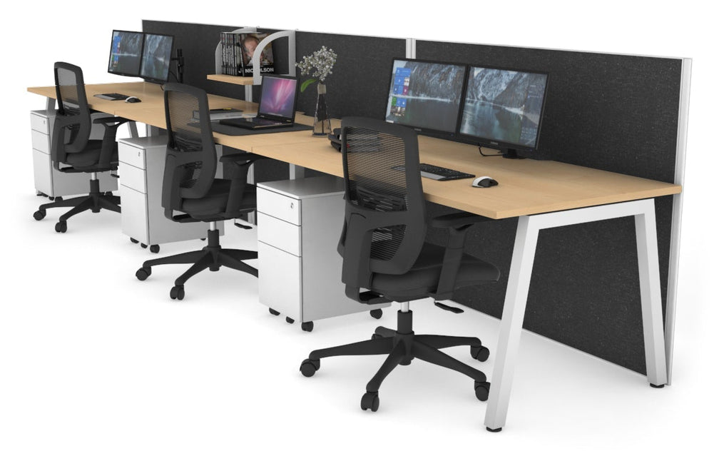 Horizon Quadro 3 Person Run A Legs Office Workstation [1200L x 800W with Cable Scallop]-white leg maple moody charcoal (1200H x 3600W)