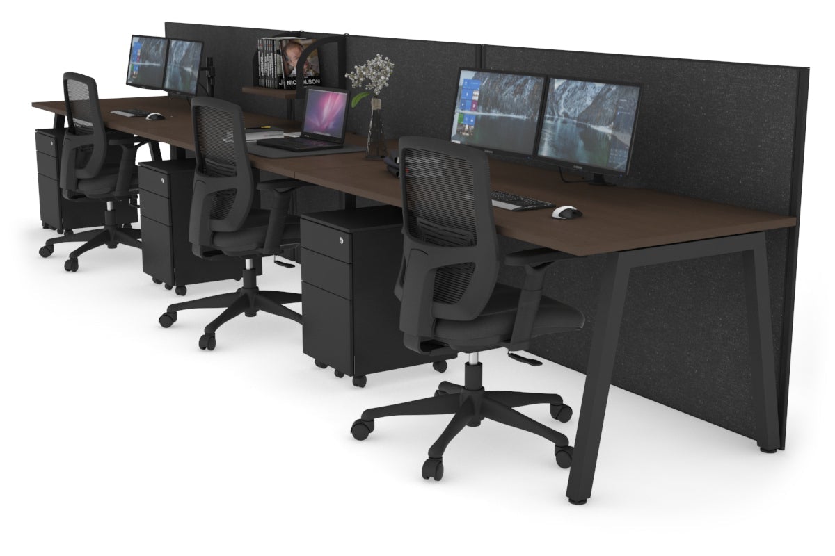 Horizon Quadro 3 Person Run A Leg Office Workstations [1200L x 800W with Cable Scallop] Jasonl black leg wenge moody charcoal (1200H x 3600W)