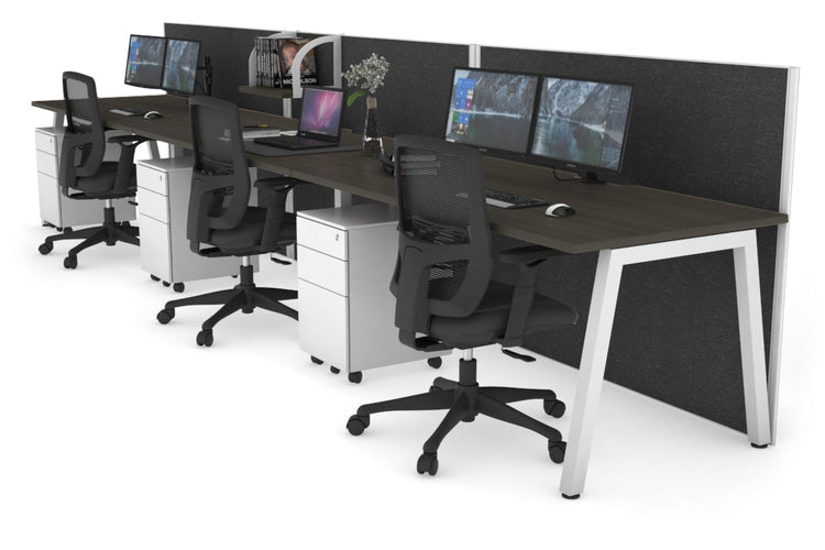 Horizon Quadro 3 Person Run A Leg Office Workstations [1200L x 800W with Cable Scallop] Jasonl white leg dark oak moody charcoal (1200H x 3600W)