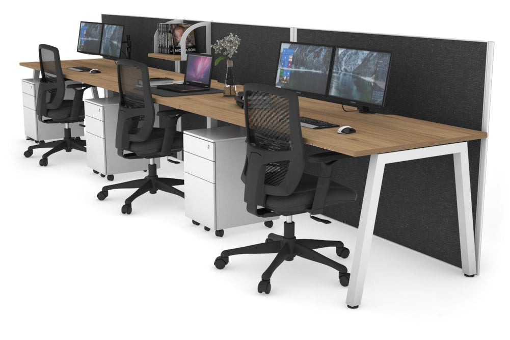 Horizon Quadro 3 Person Run A Legs Office Workstation [1200L x 800W with Cable Scallop]-white leg salvage oak moody charcoal (1200H x 3600W)