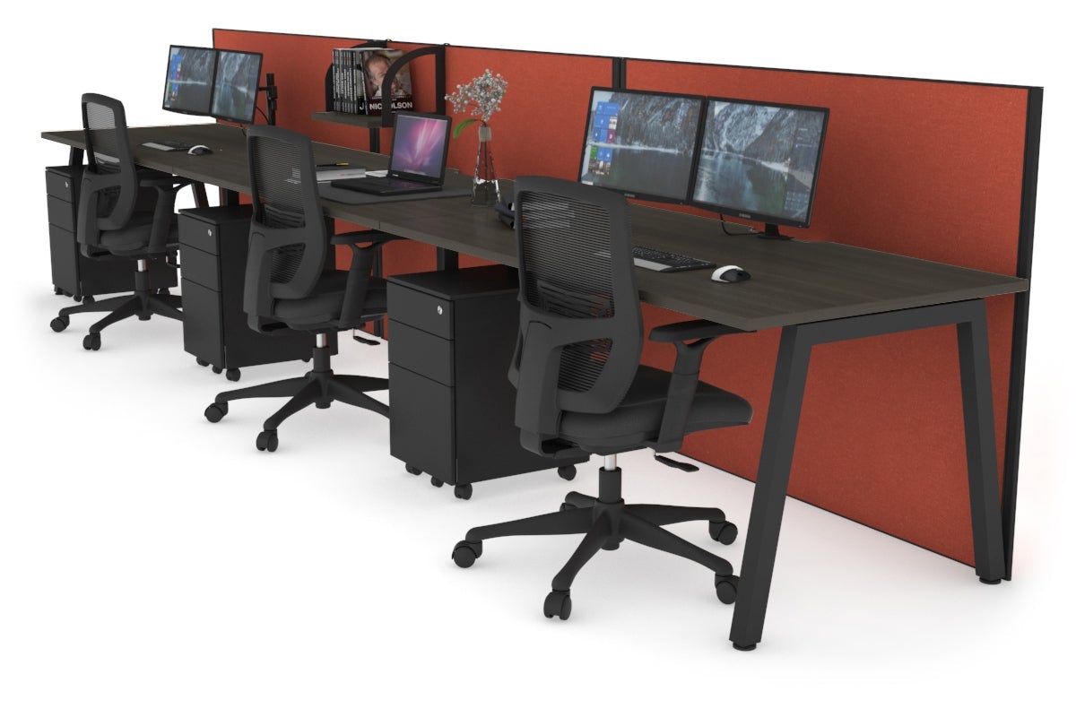 Horizon Quadro 3 Person Run A Leg Office Workstations [1200L x 800W with Cable Scallop] Jasonl black leg dark oak orange squash (1200H x 3600W)