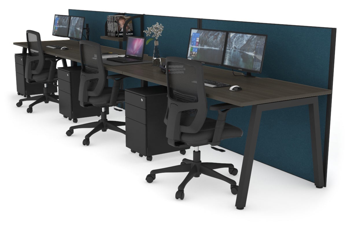 Horizon Quadro 3 Person Run A Leg Office Workstations [1200L x 800W with Cable Scallop] Jasonl black leg dark oak deep blue (1200H x 3600W)